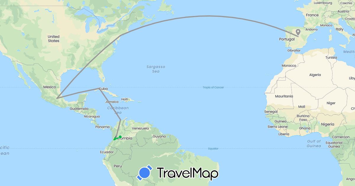 TravelMap itinerary: driving, bus, plane in Colombia, Cuba, Spain, Mexico, United States (Europe, North America, South America)